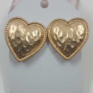 Hammered Puffy Gold Tone Heart Clip Earrings